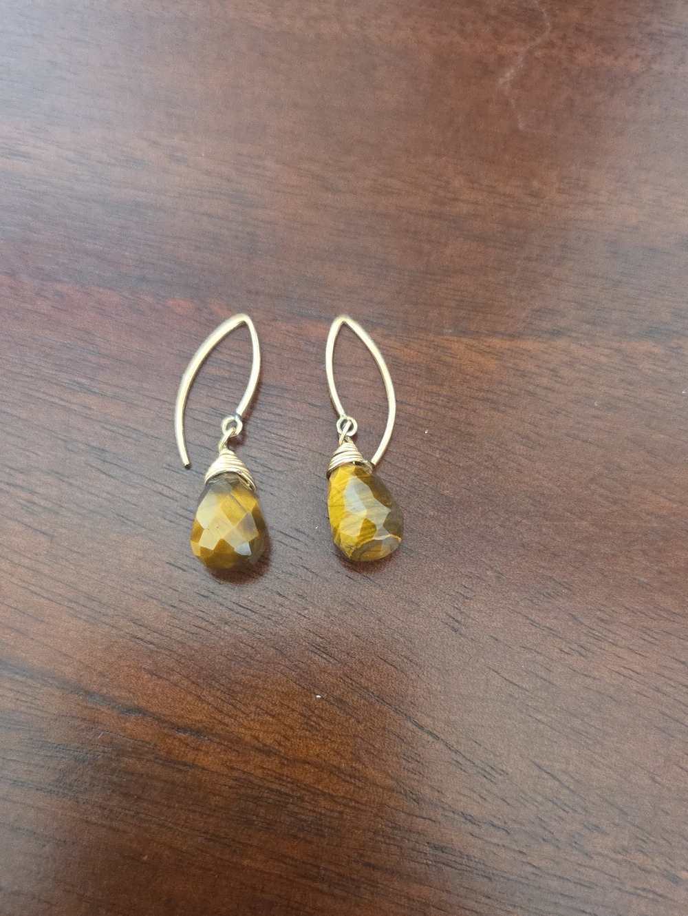 Faceted Tiger's Eye Teardrop Earrings with Gold Wire Wrap - Brown